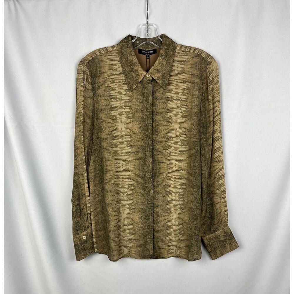 $778 Lafayette 148 New York Button-Up Blouse Top Snake Skin Brown Size M